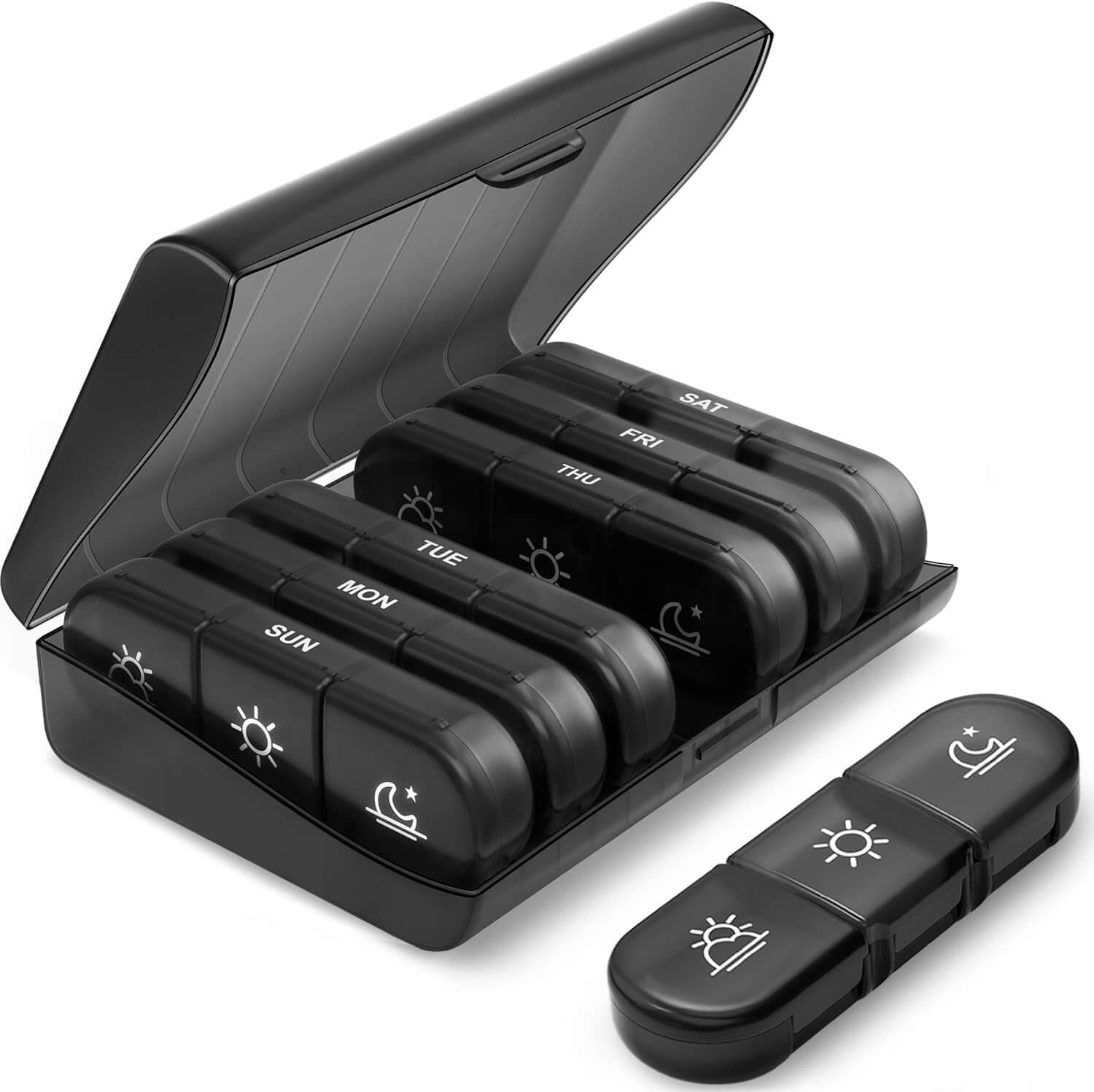 Zentheca 7-Day Pill Organizer with labeled compartments for daily medication management.
