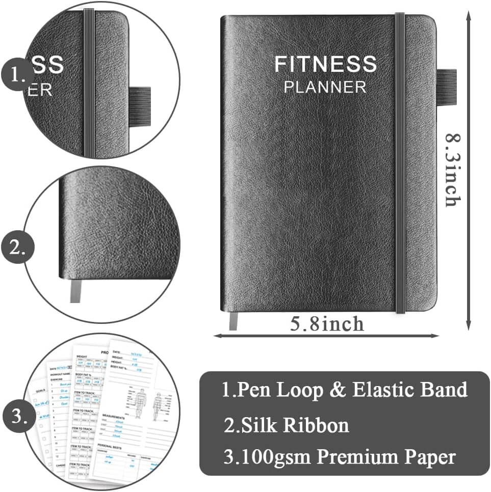 Zentheca Planner Journal - A5 Fitness Tracker with elastic band, silk ribbon, and premium paper for effective workout logging.