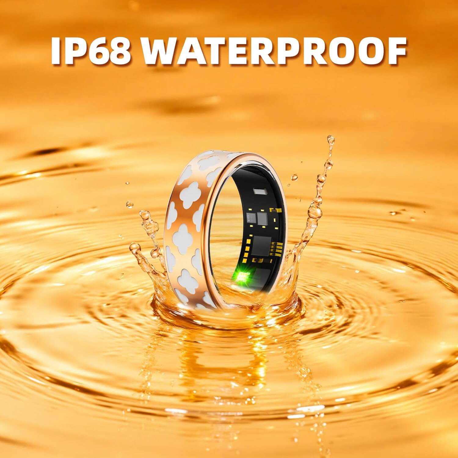 Zentheca AuraRing splashing in water, showcasing its IP68 waterproof feature and stylish design.