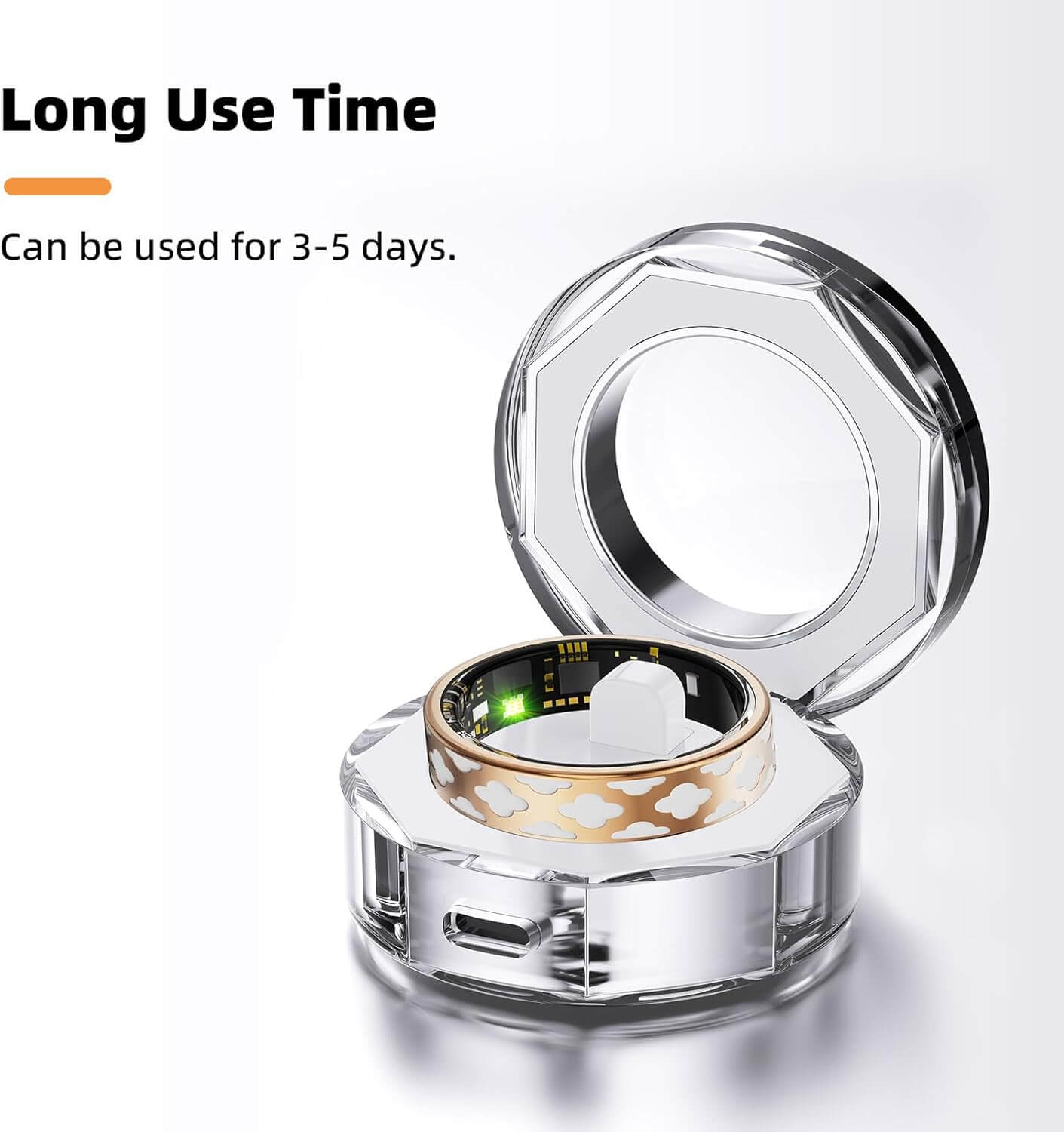 Zentheca AuraRing in a display case highlighting its long use time of 3-5 days for smart fitness tracking.