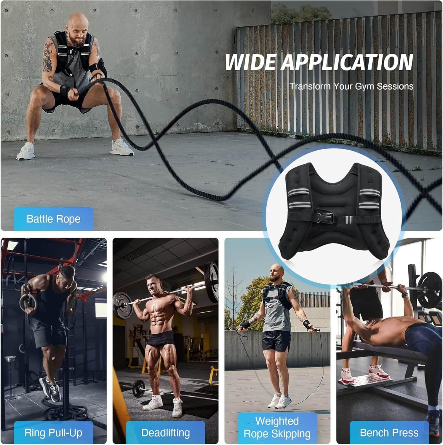 Zentheca CoreVest in use for various workouts including battle ropes, deadlifting, and bench press.