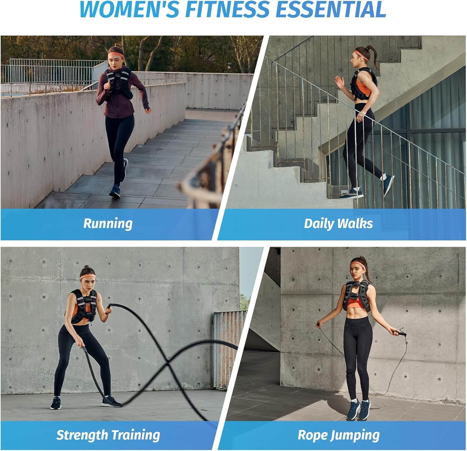 Women using Zentheca CoreVest for running, walking, strength training, and rope jumping workouts.