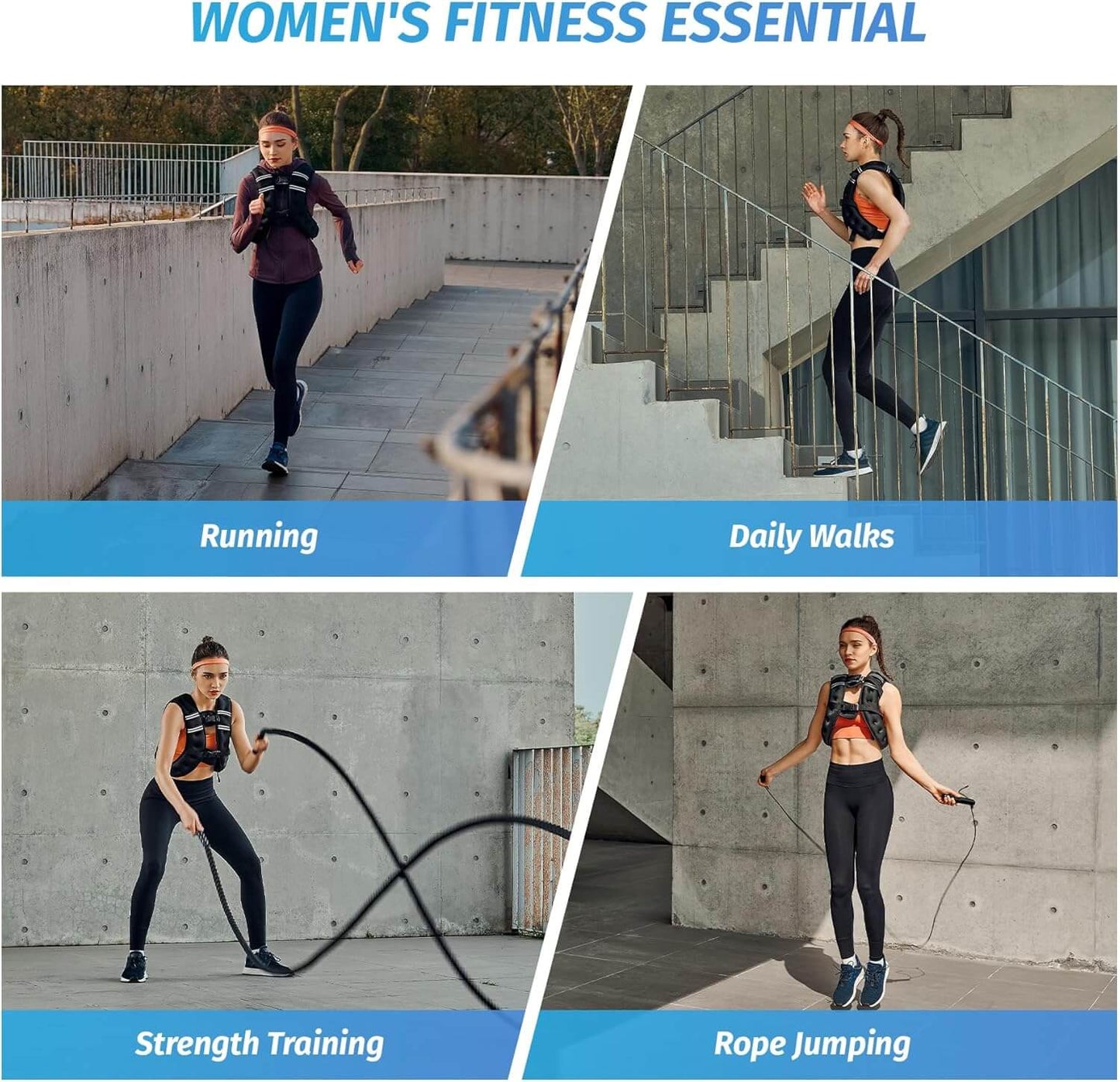 Women using Zentheca CoreVest for running, walking, strength training, and rope jumping workouts.