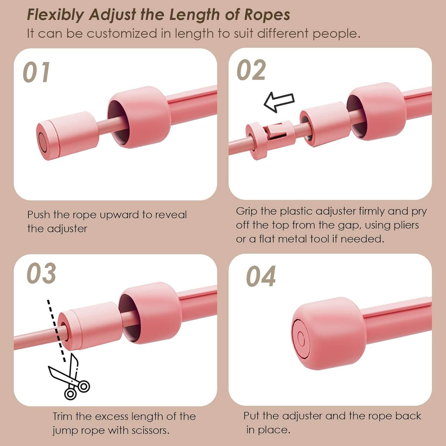 Instructions to flexibly adjust the length of Zentheca Fit Jump jump ropes for personalized fit.