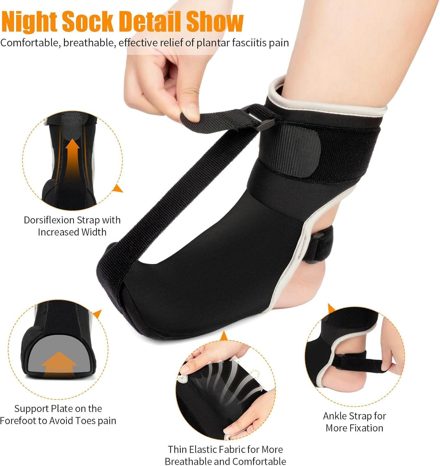 Detailed view of Zentheca Flex Rest night sock providing comfort and relief for plantar fasciitis.