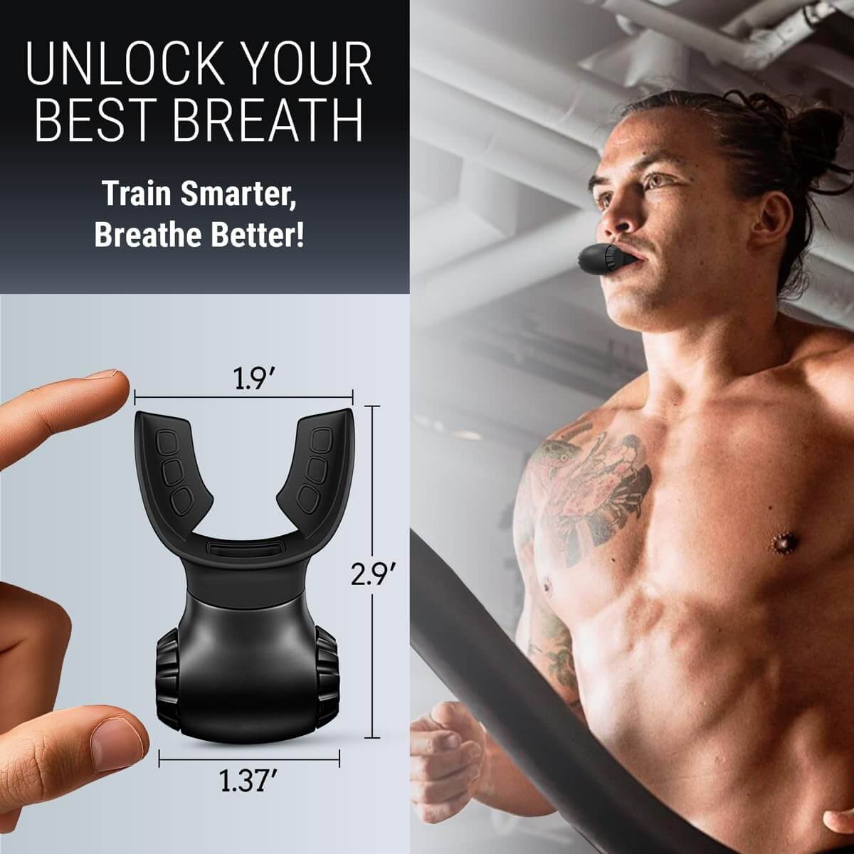 Zentheca Lung Power Breathing Trainer shown alongside a man exercising, promoting better lung health and breathing.