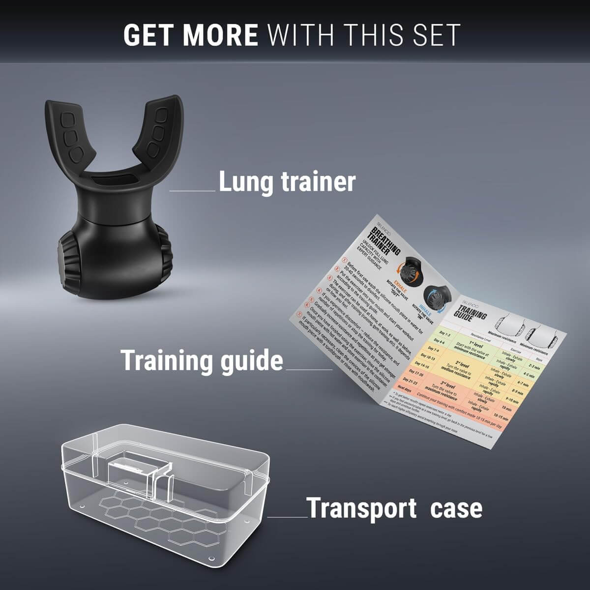 Zentheca Lung Power Breathing Trainer set including lung trainer, training guide, and transport case.
