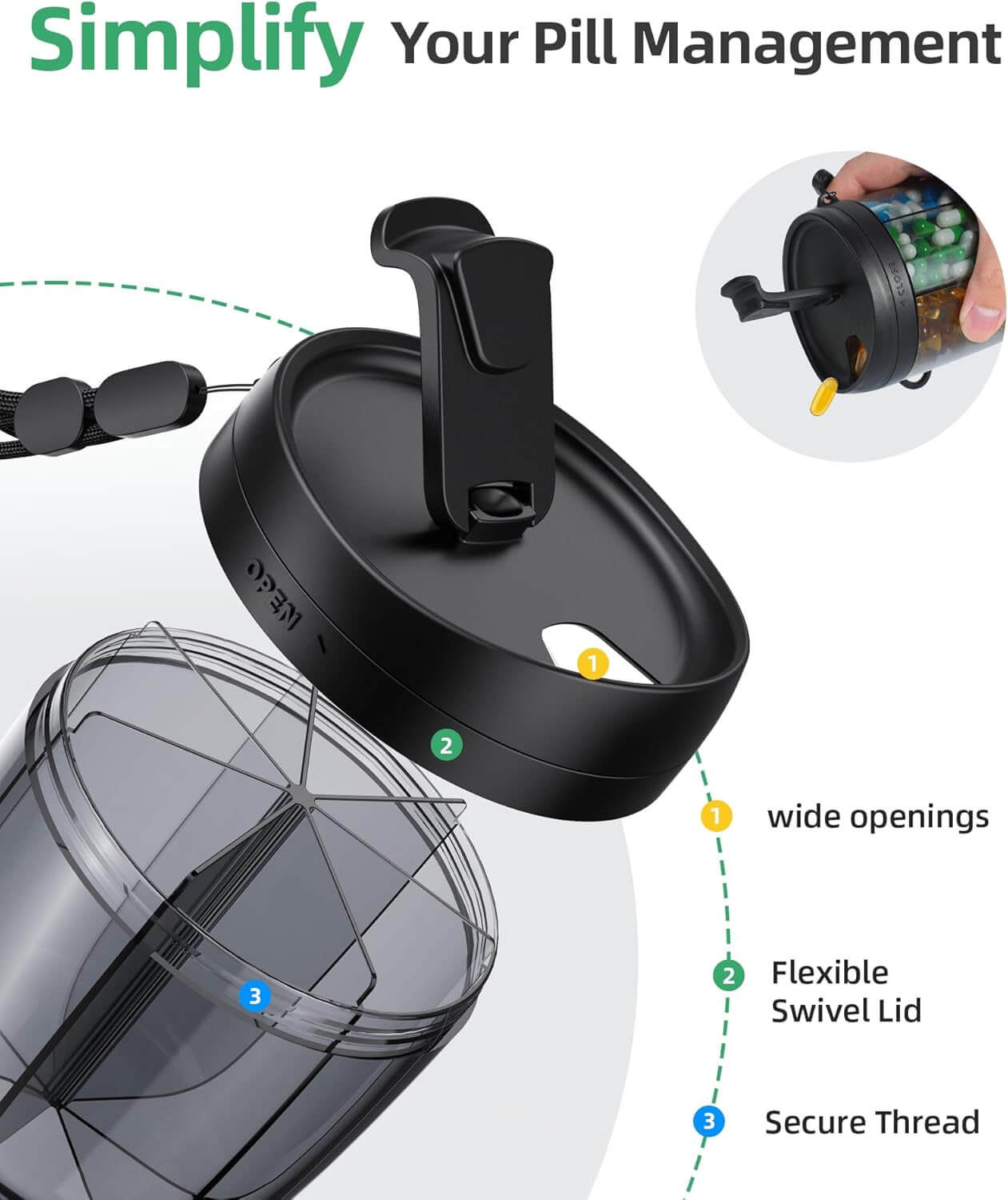 Zentheca PillMate Organizer with flexible swivel lid and secure thread for easy pill management.