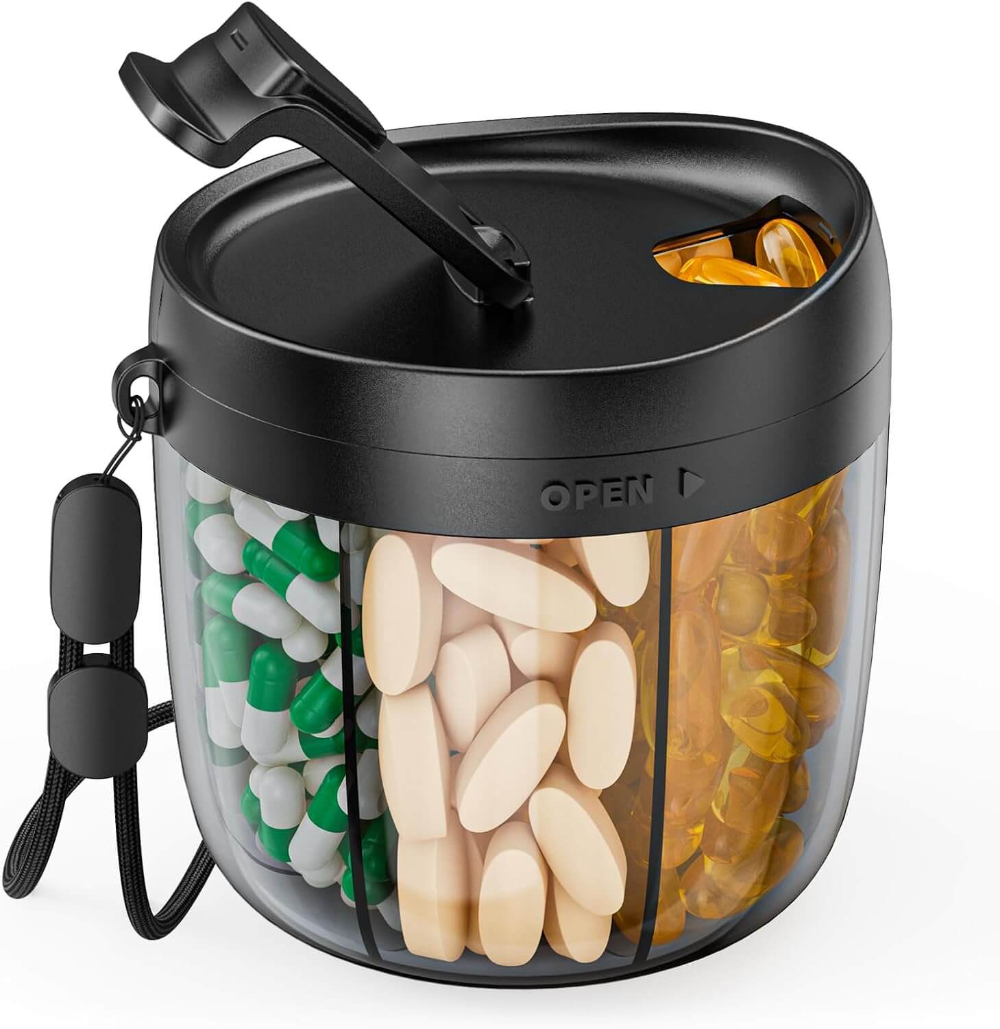 Zentheca PillMate Organizer with compartments for daily vitamins and supplements, portable and practical design.