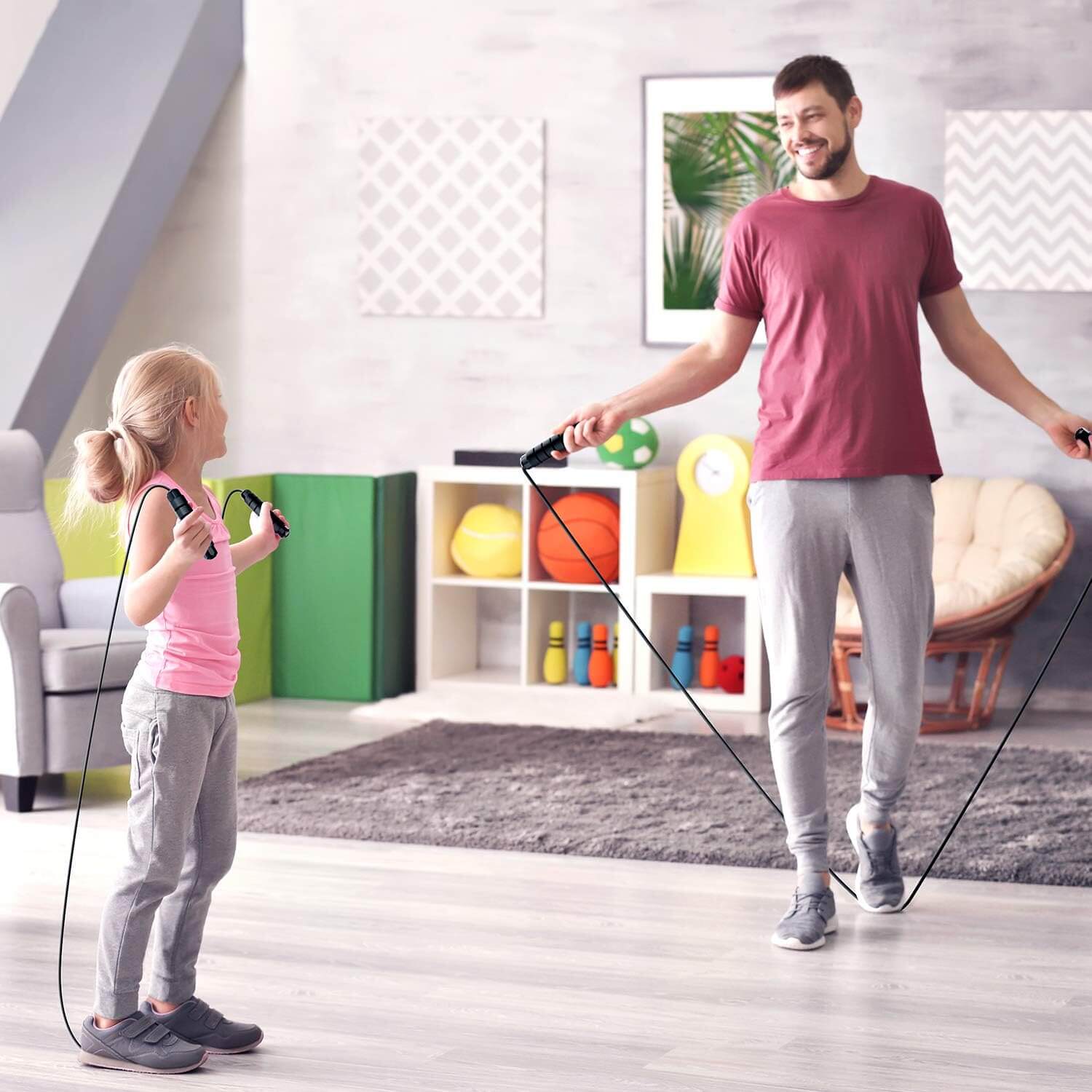 Zentheca Speed Jump Rope: Parent and child enjoying a fun jump rope session indoors.