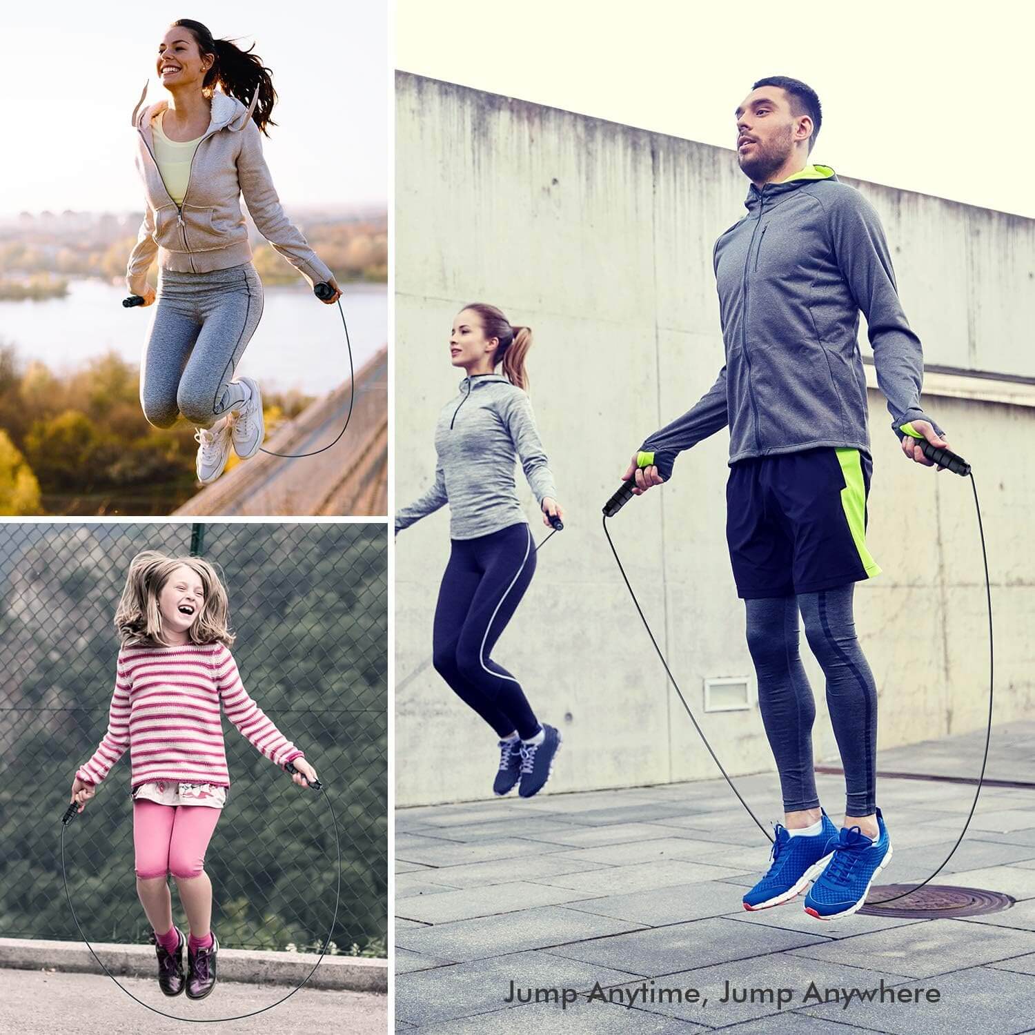 Zentheca Speed Jump Rope being used by adults and a child for easy, tangle-free jumping in various settings.