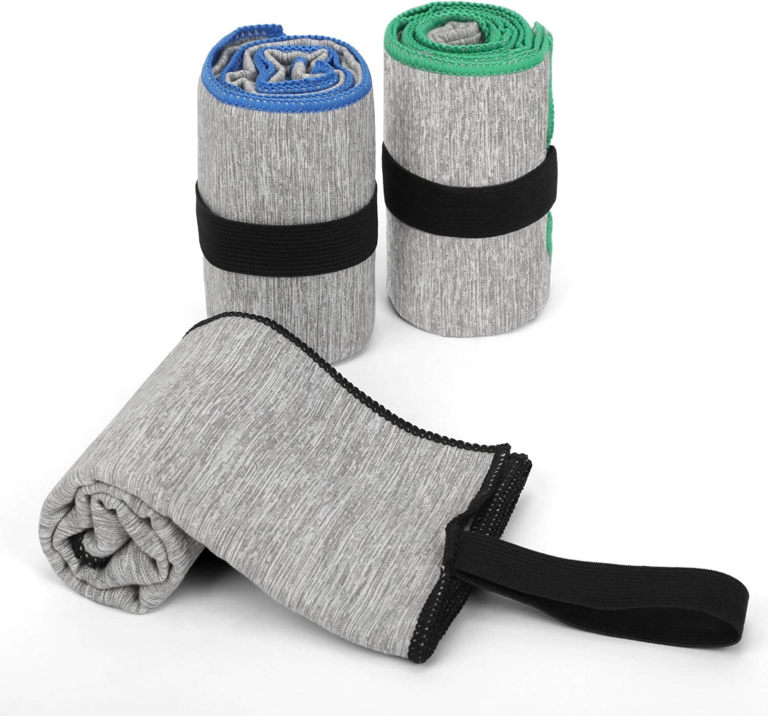 Zentheca SwiftDry 3-Pack Fast-Drying Microfiber Gym Towels rolled up in gray, blue, and green.