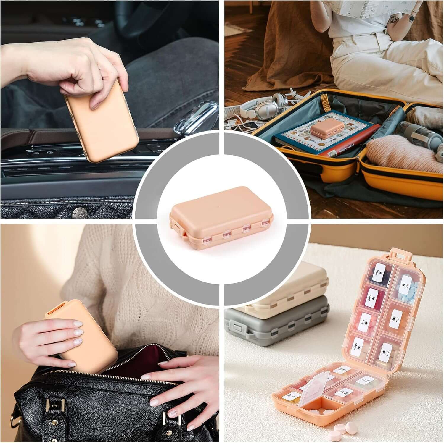 Zentheca Travel Pill Organizer in use, showcasing compartments in a travel setting.