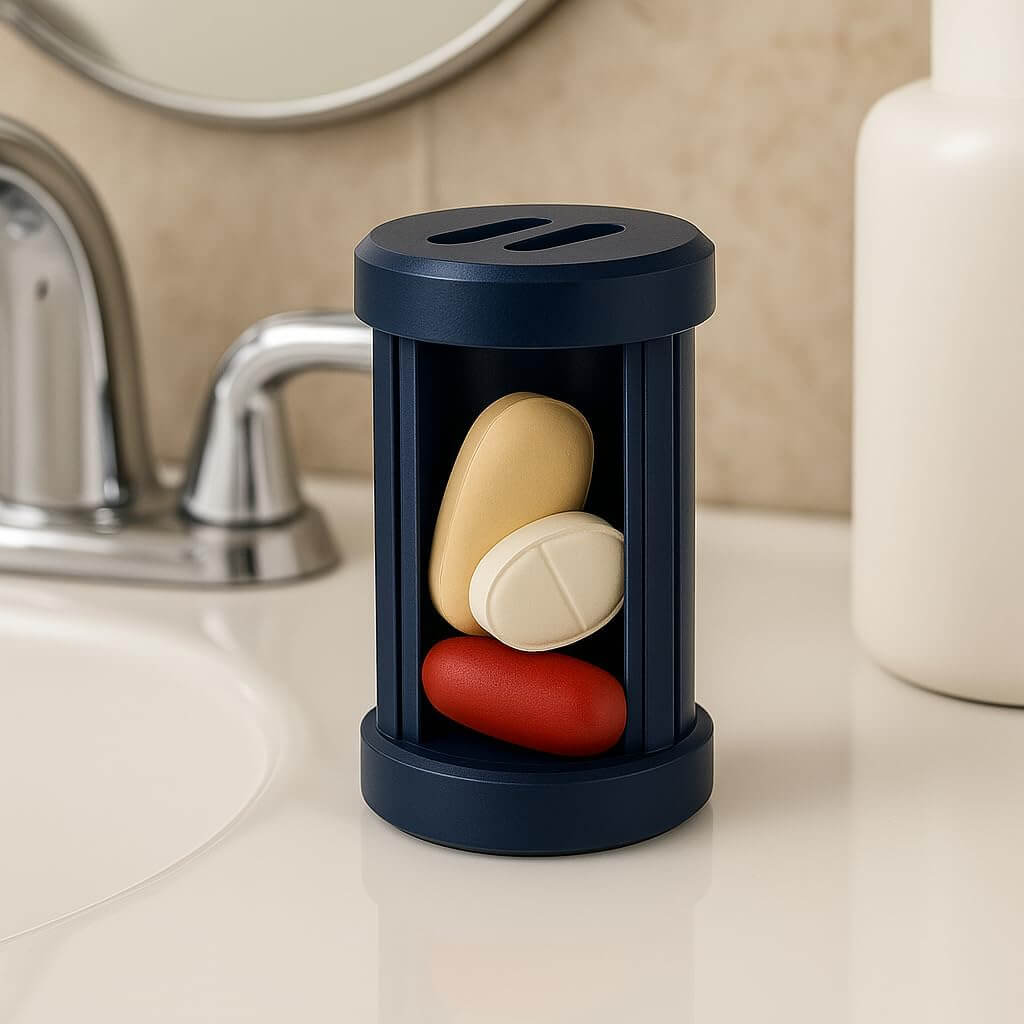 Zentheca TravelPill Organizer Set with colorful pills in a compact container on a bathroom counter