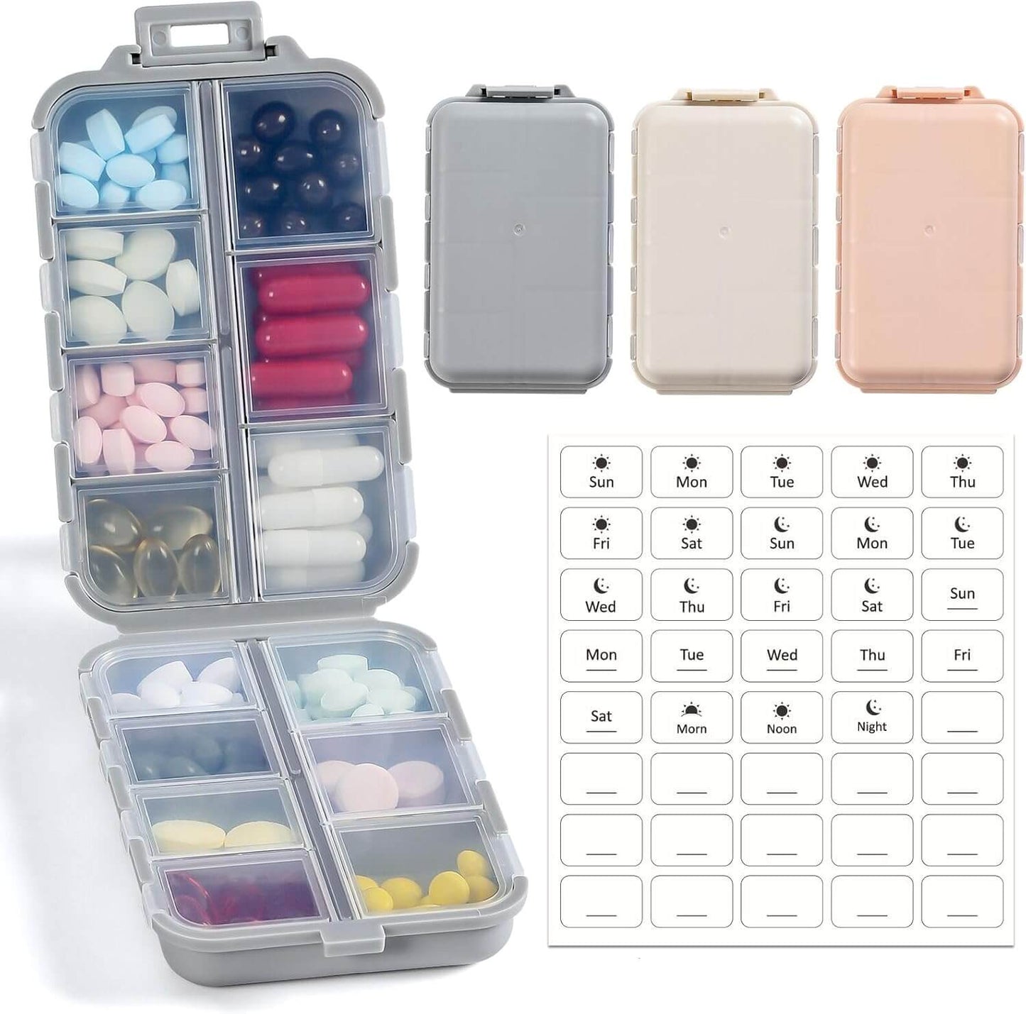 Zentheca Travel Pill Organizer with compartments for vitamins and medication in khaki, gray, and pink, includes customizable labels.