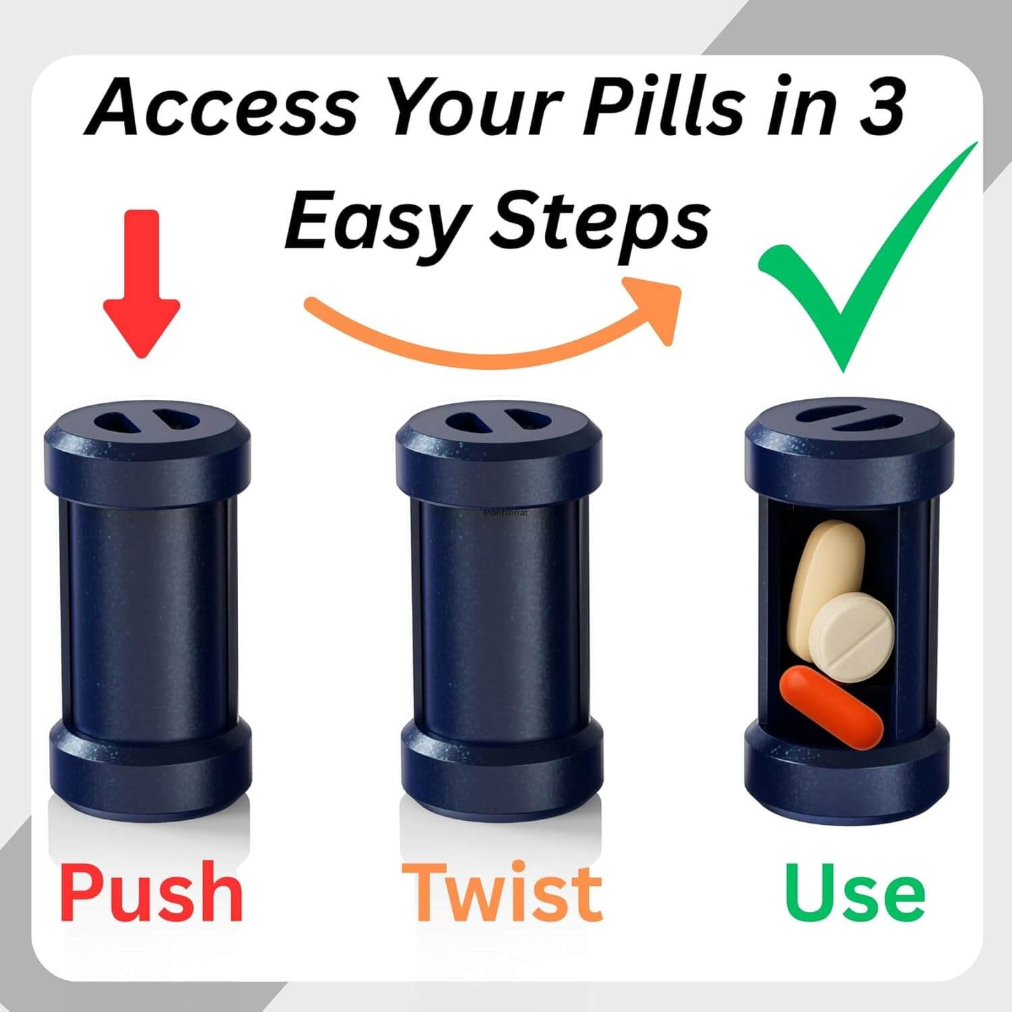 Zentheca TravelPill Organizer Set shows how to access pills in 3 easy steps: Push, Twist, Use.