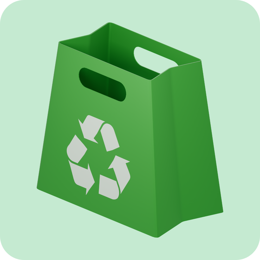 Eco-Friendly Packaging bag with a recycling symbol on a green background.